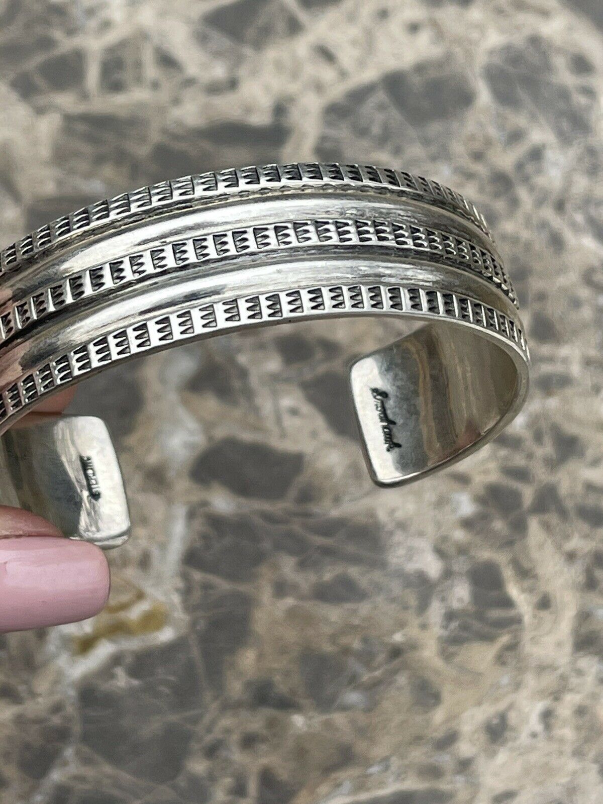 Handcrafted Sterling Silver Tribal Style Hand Stamped Bracelet Cuff Signed