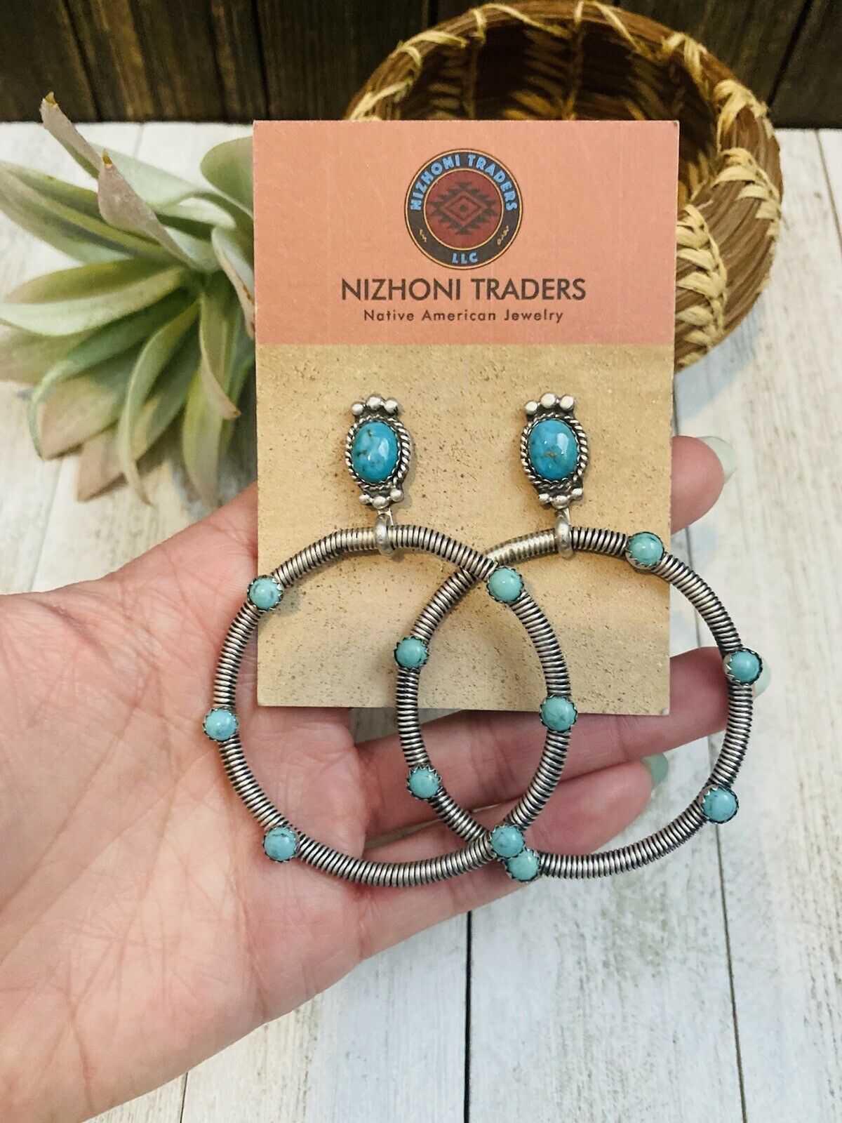 Handcrafted Turquoise & Sterling Silver Dangle Hoop Earrings