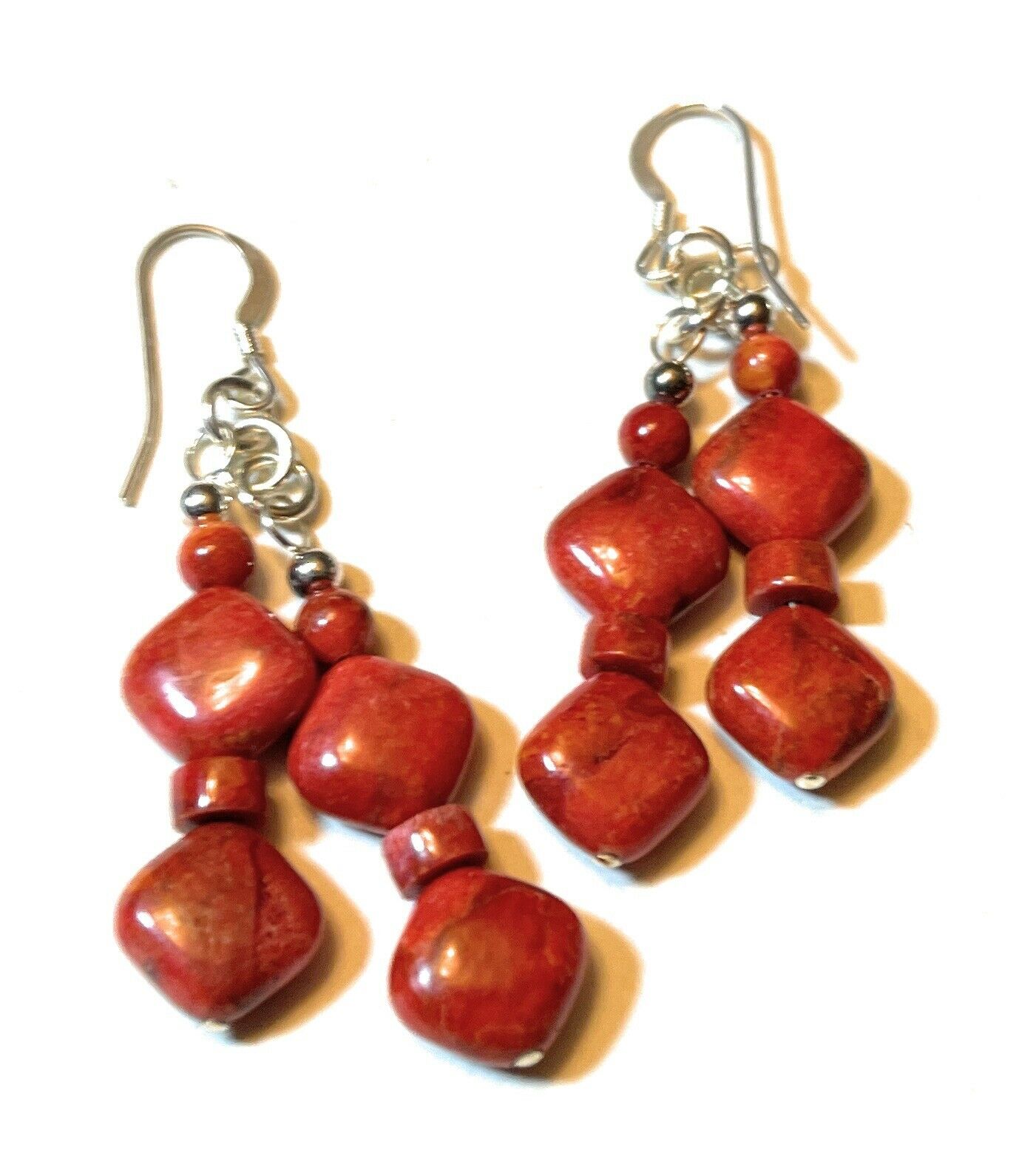 Handcrafted Sterling Silver Apple Coral 2 Strand Beaded Earrings
