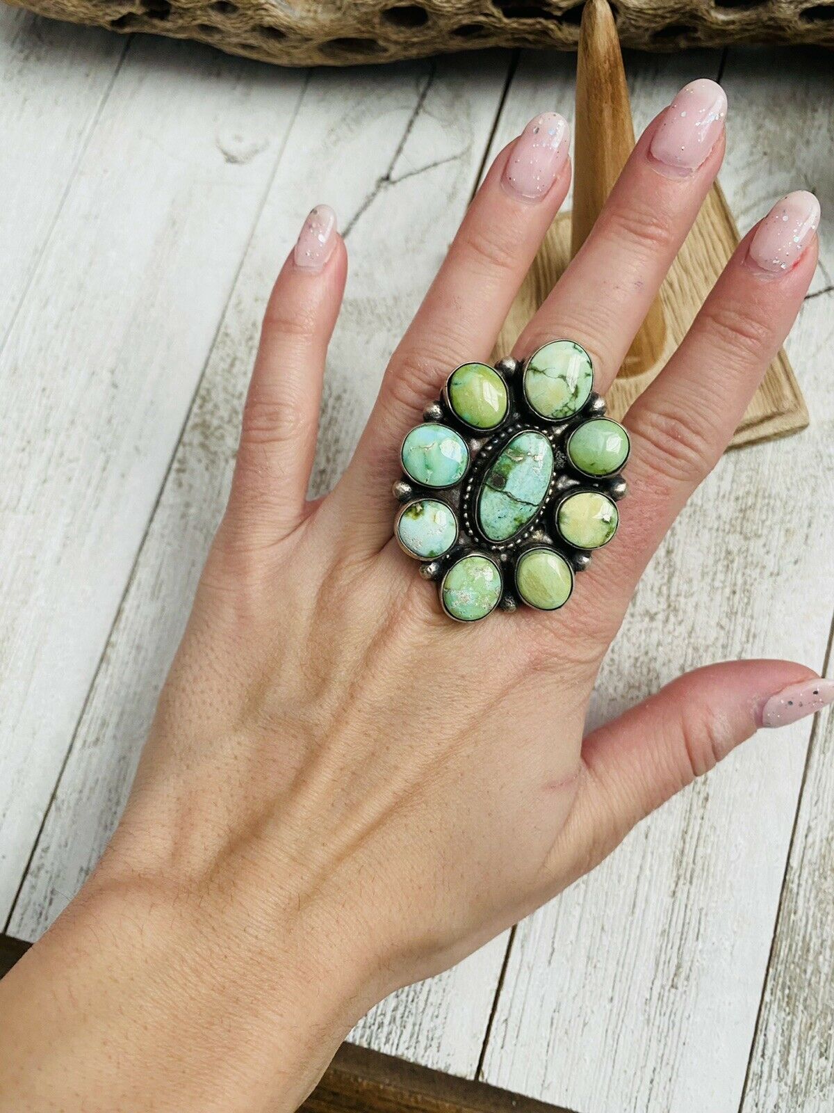 Handcrafted Sonoran Gold Turquoise & Sterling Silver Cluster Ring Size 7 Signed