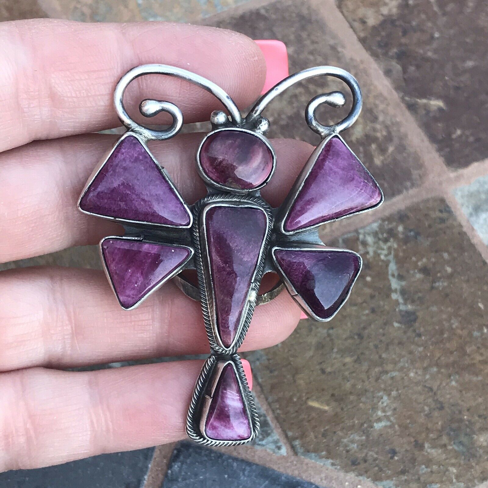 Handcrafted Sterling Silver Purple Spiny Oyster Dragonfly Ring Sz 6.5