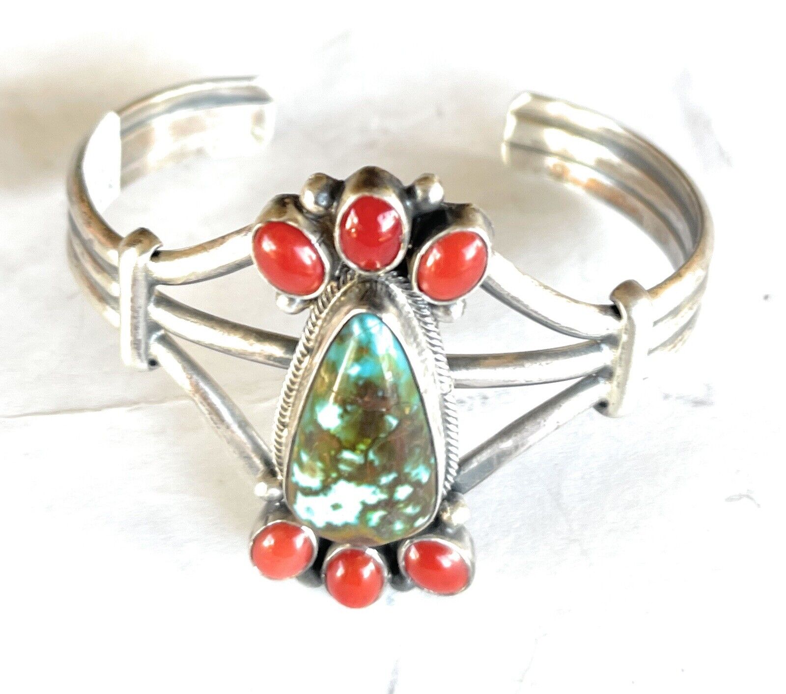 Navajo Sterling Kingman Web Turquoise & Red Coral Taos Bracelet Cuff by Bobby Johnson /