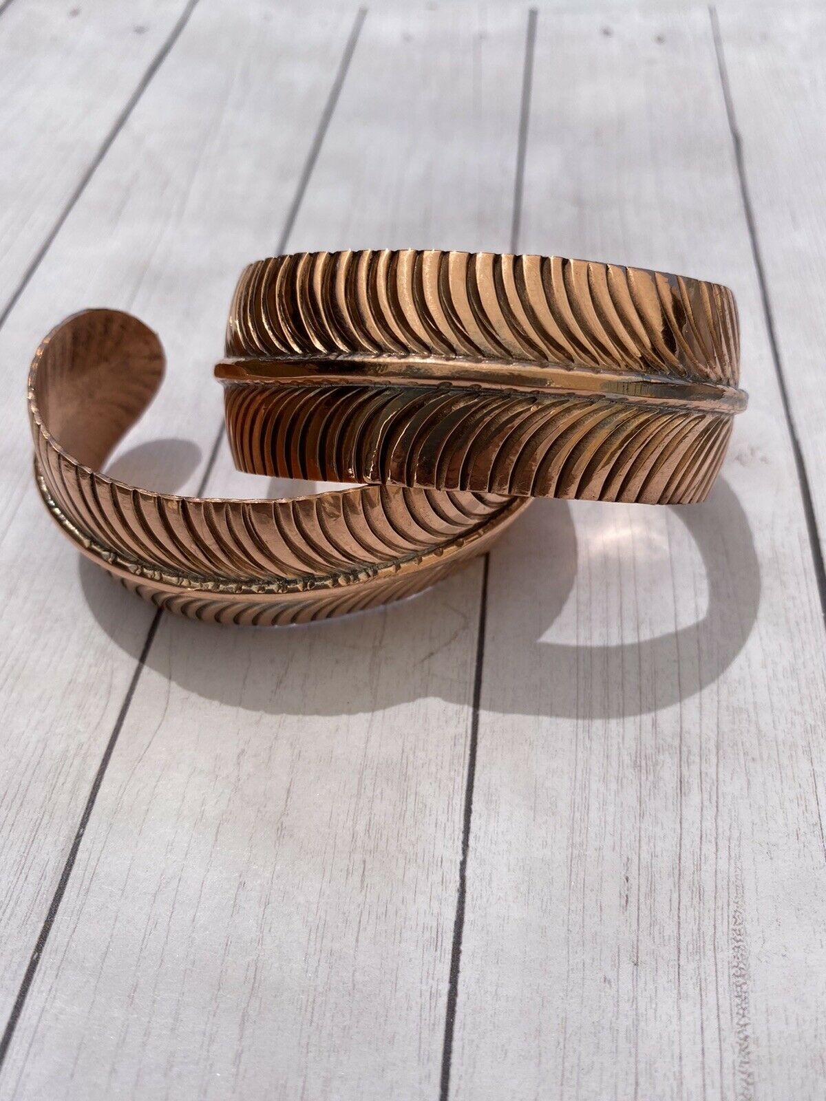 Handcrafted Copper Hand Stamped Feather Bracelet Cuff