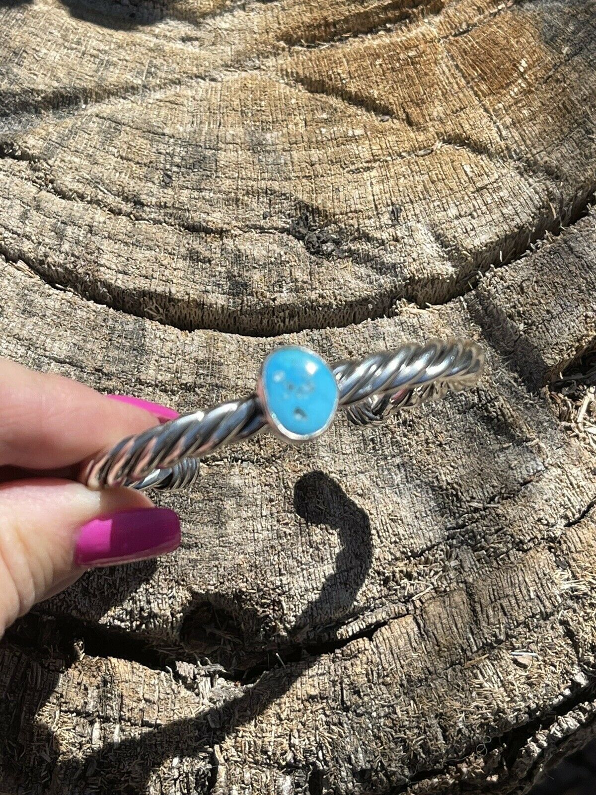 Handcrafted Sterling Silver Rope Twist Natural Turquoise Cuff Bracelet