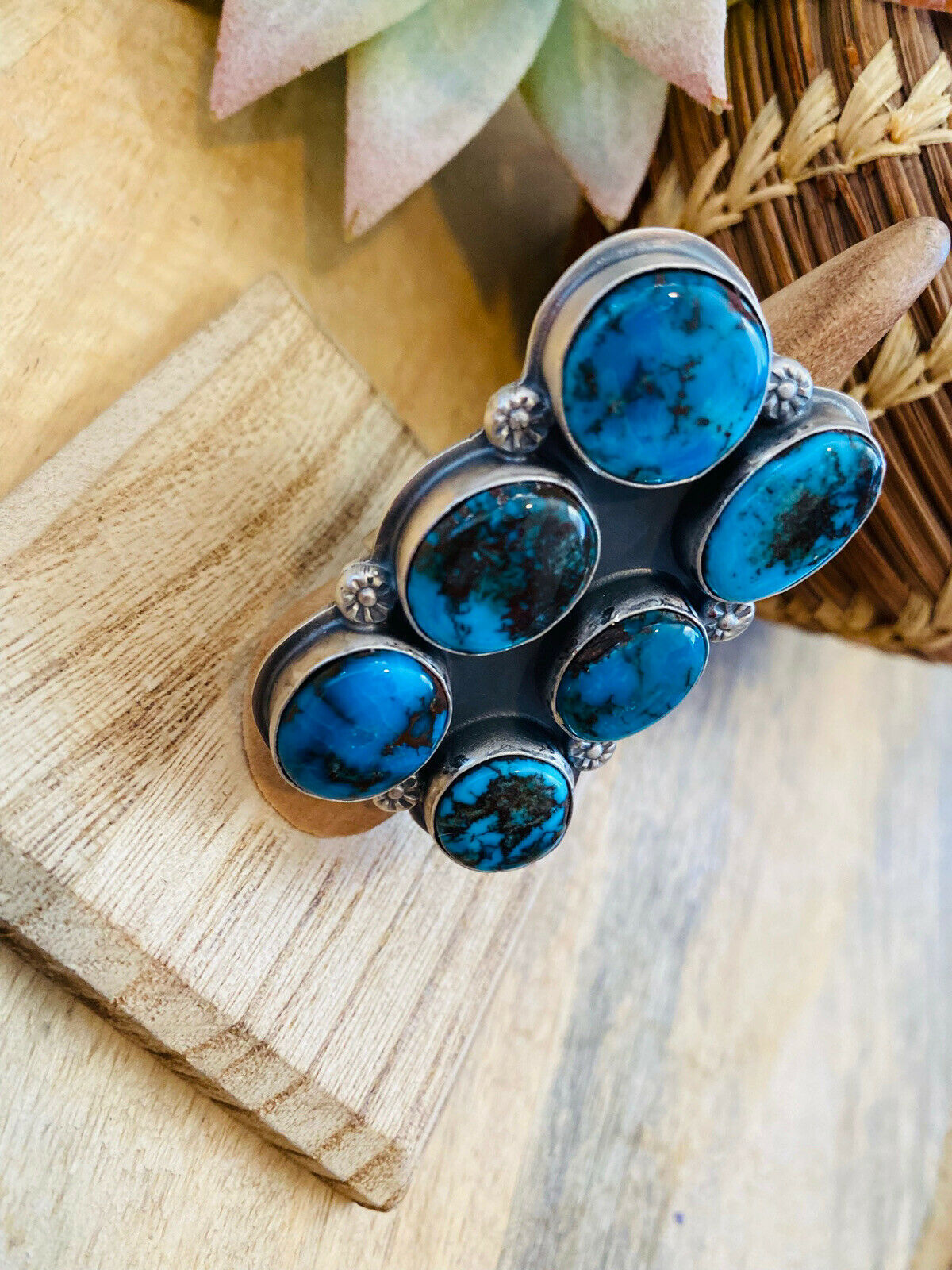 Handcrafted Kingman Turquoise & Sterling Silver Adjustable Ring Signed
