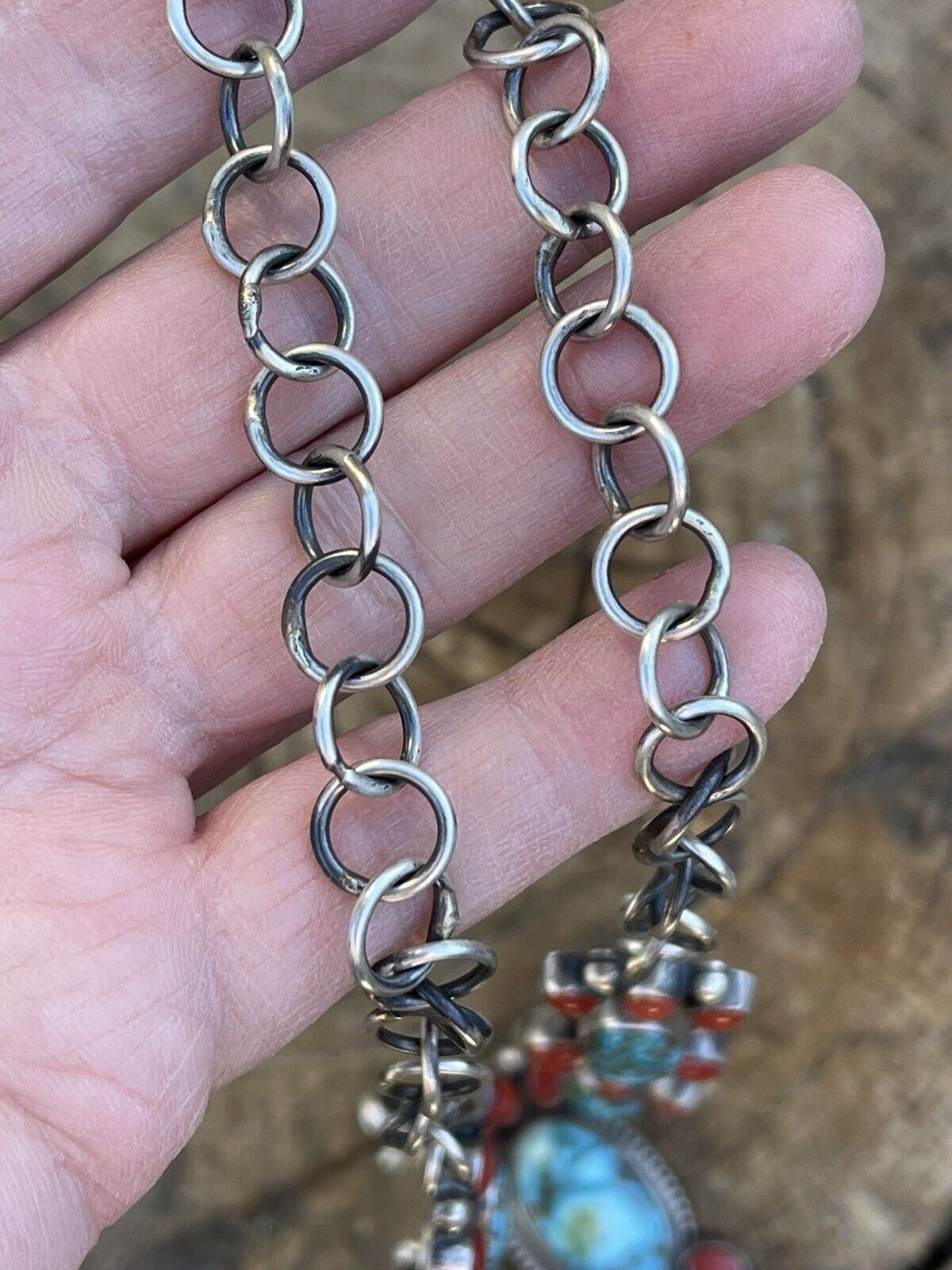 Navajo Sterling Kingman Turquoise Natural Red Coral Necklace Set Taos Collection
