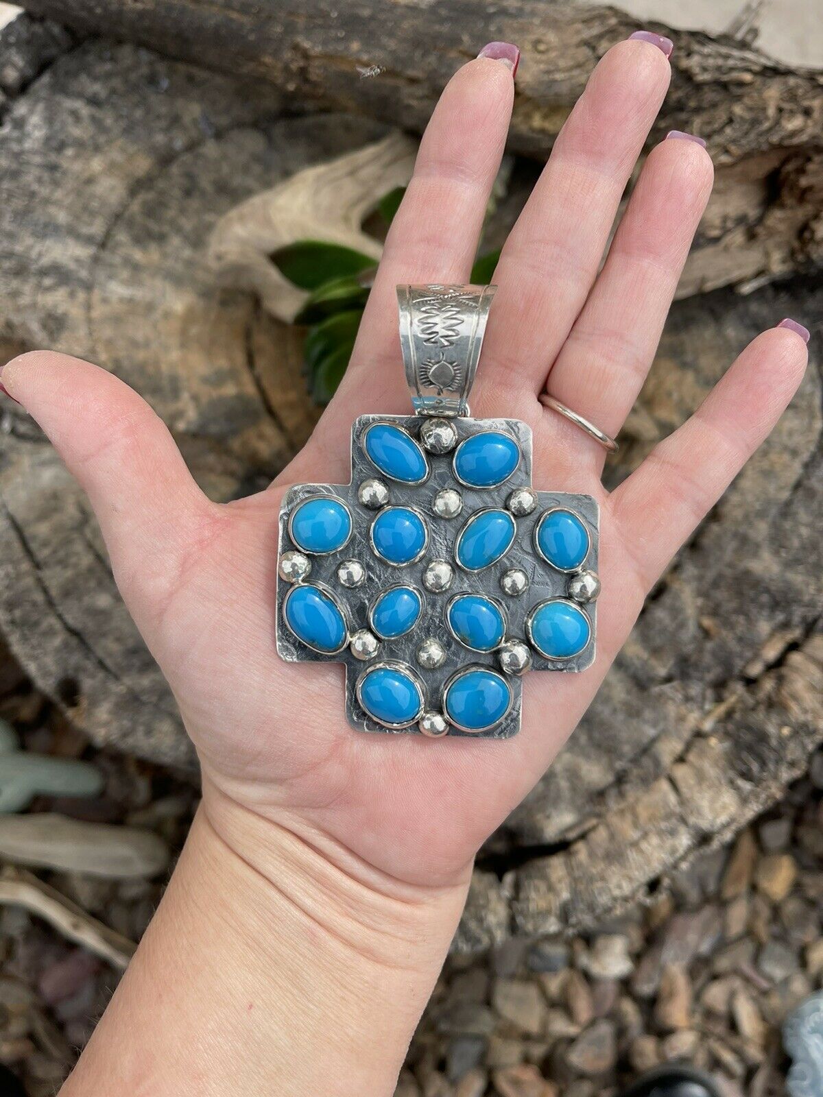 Handcrafted Mountain Blue Turquoise & Sterling Silver Southwest Cross Pendant Signed