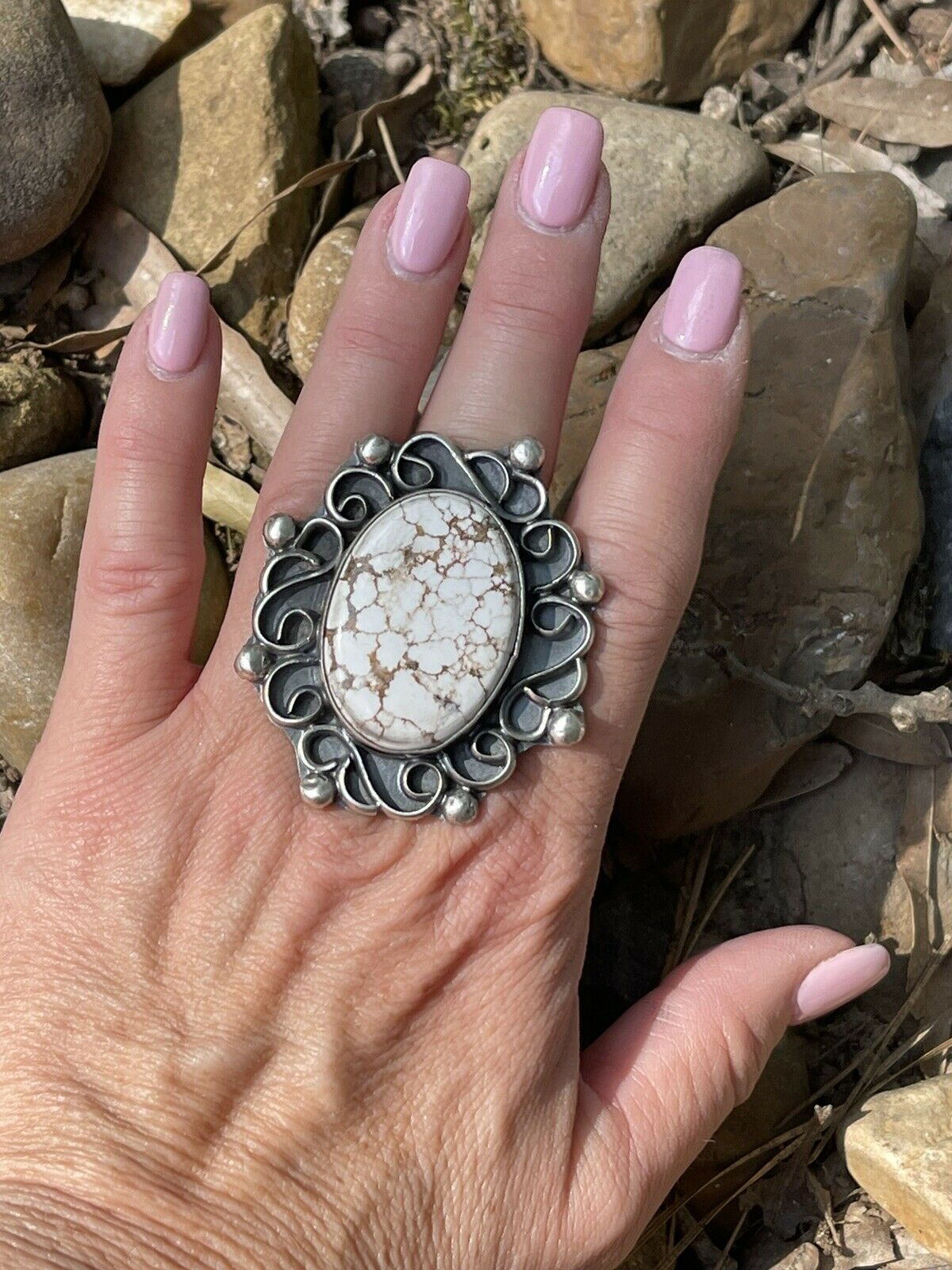 Handcrafted Swirl Statement Sterling Silver Wild Horse Oval Ring Sz 6