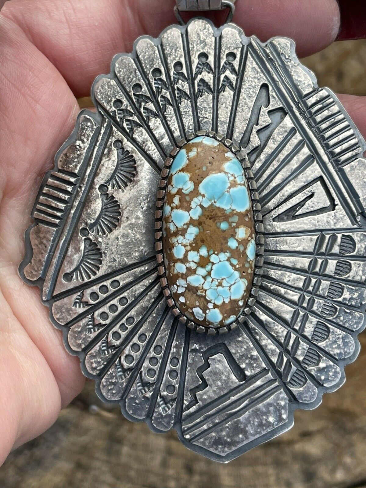 Handcrafted Number 8 Turquoise & Sterling Tufa Cast Jumbo Pendant Signed
