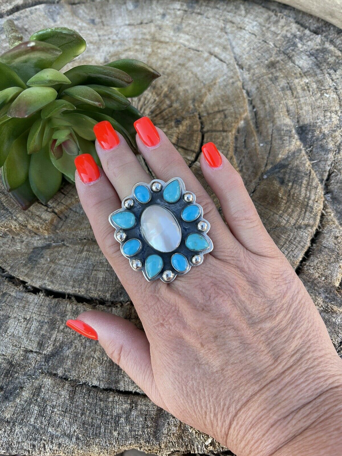 Handcrafted Cluster Turquoise & Mother Of Pearl Sterling Silver Ring Sz Is Adjustable