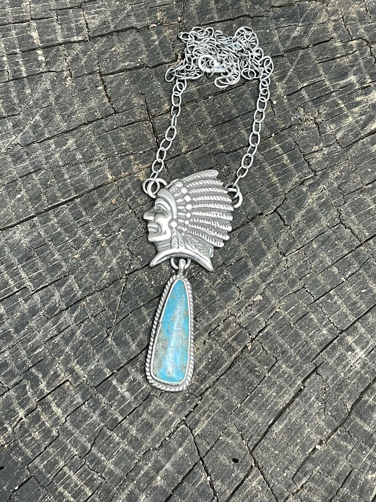 Handcrafted Sterling Silver Indian Chief Royston Turquoise Drop Necklace