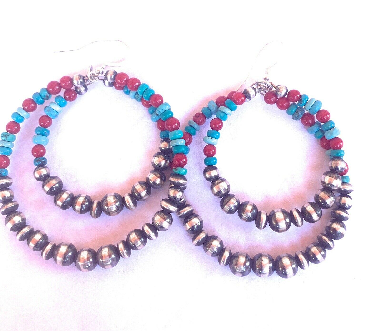 Handcrafted Turquoise, Coral & Sterling Silver Pearl Dangle Hoop Earrings