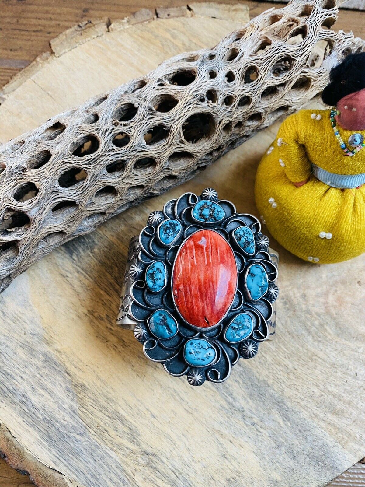 Navajo Turquoise, Orange Spiny & Sterling Silver Cuff Bracelet Signed /