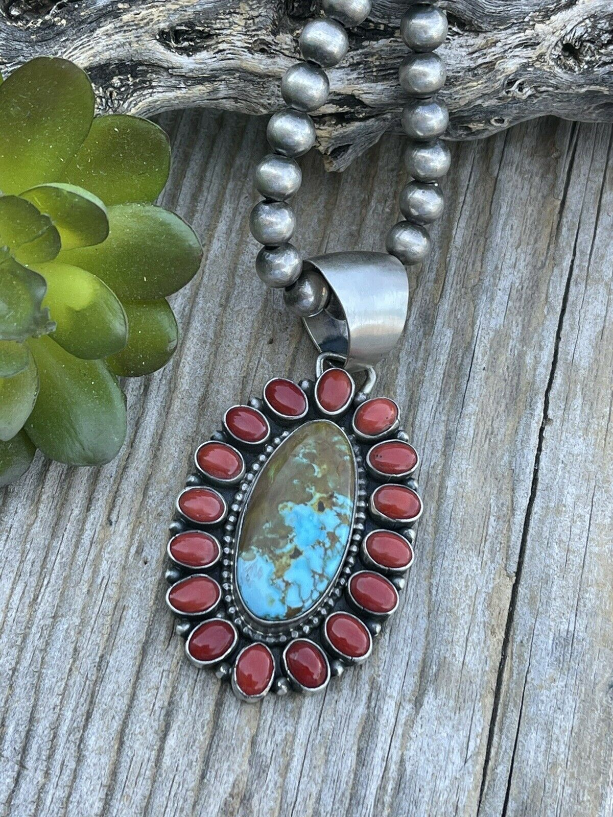 Handcrafted Sterling Silver Kingman Web Turquoise & Red Coral Taos Cluster Pendant