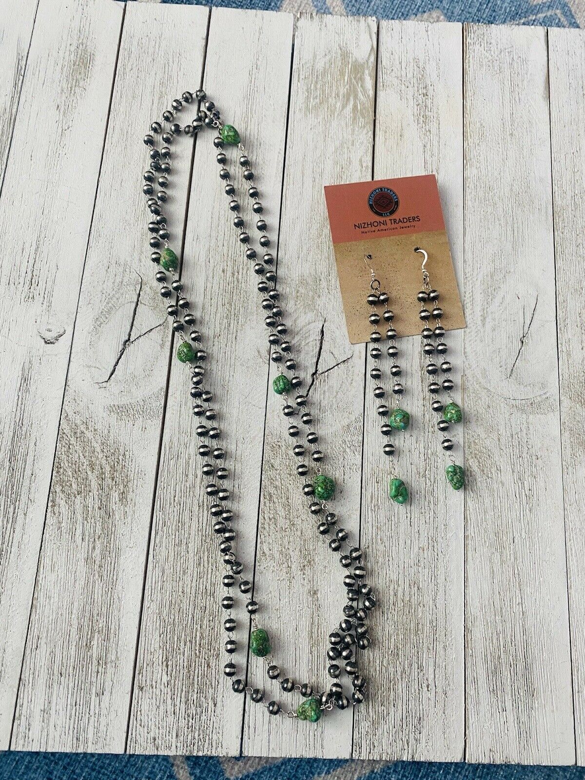 Handcrafted Sonoran Gold Turquoise & Sterling Silver Pearl Beaded Necklace Set