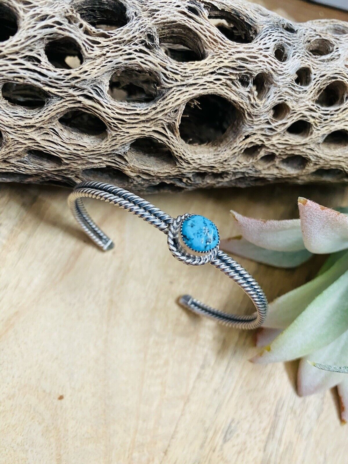 Handcrafted Sterling Silver & Kingman Turquoise Cuff Bracelet Signed