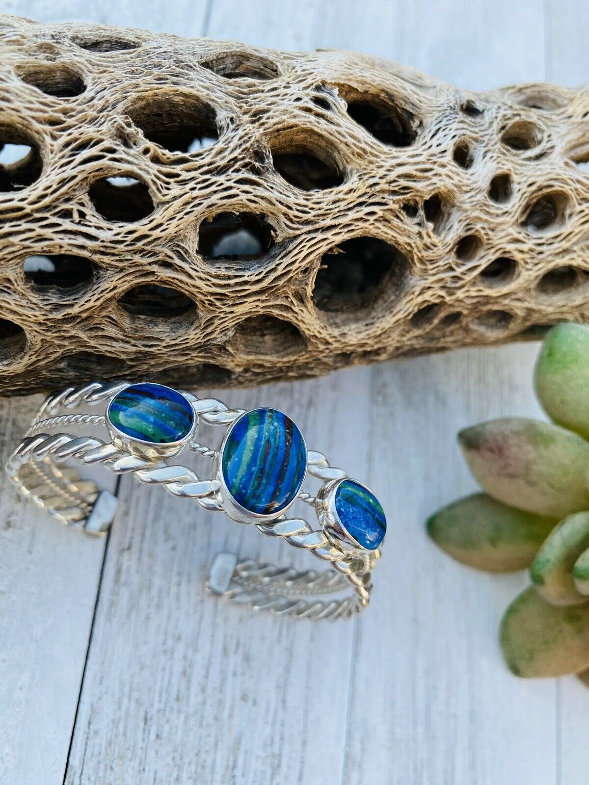 Unique Handcrafted Sterling Silver & Rainbow 3 stone Cuff Bracelet