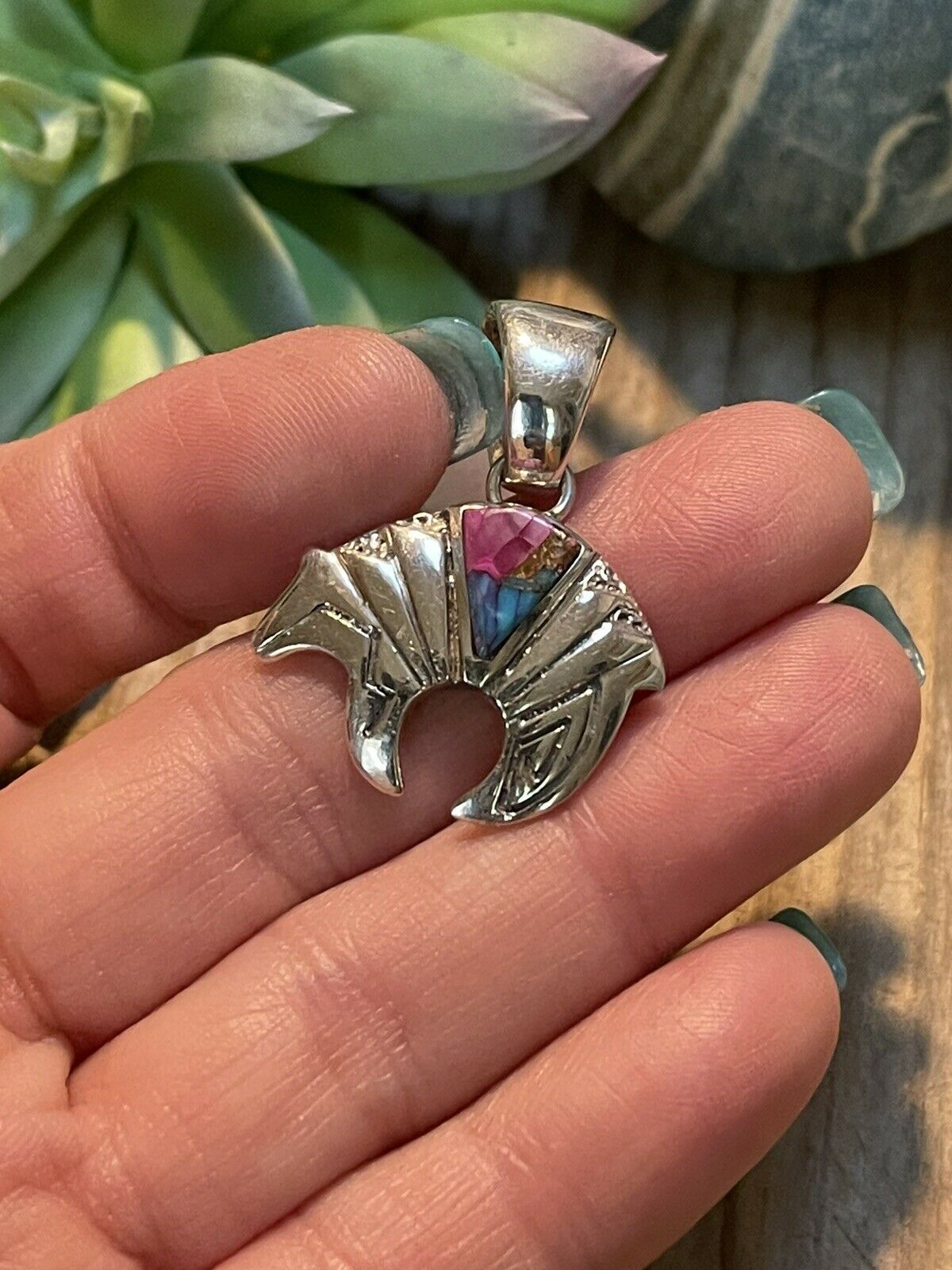 Handcrafted Pink Dream Mojave & Sterling Silver Bear Pendant