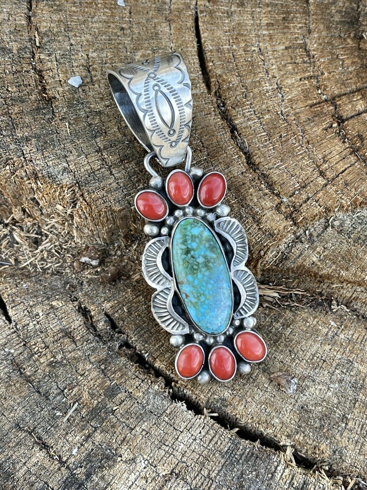 Handcrafted Sterling Kingman Web Turquoise & Red Coral Pendant Taos Collection