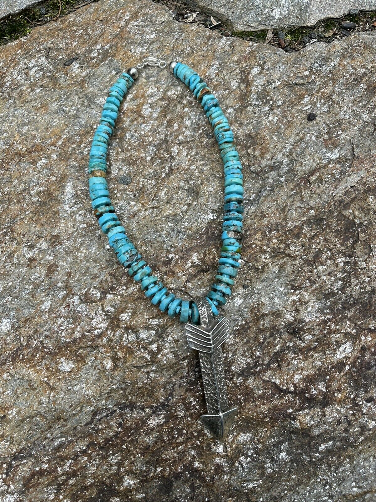 Natural Turquoise & Sterling Silver Tufa Cast Arrow Necklace