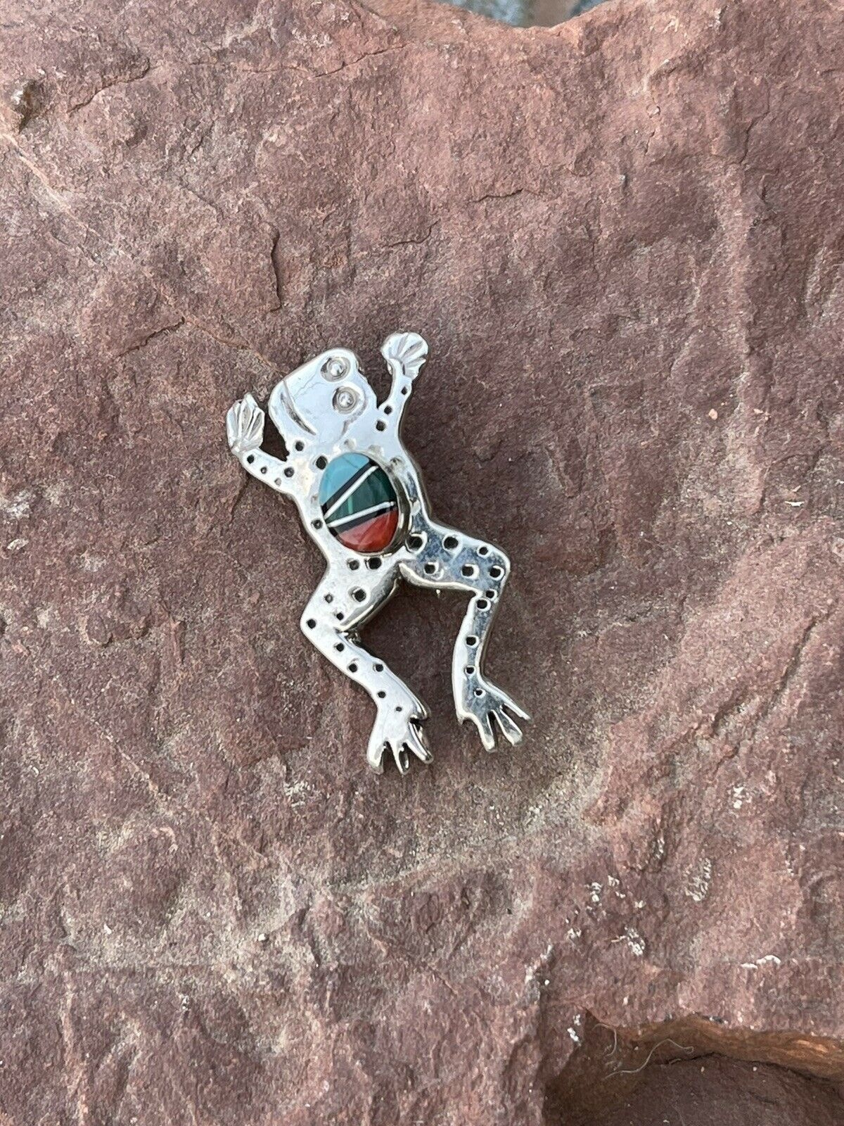 Handcrafted Sterling Silver Multi Stone Leap Frog Pendant Pin Signed
