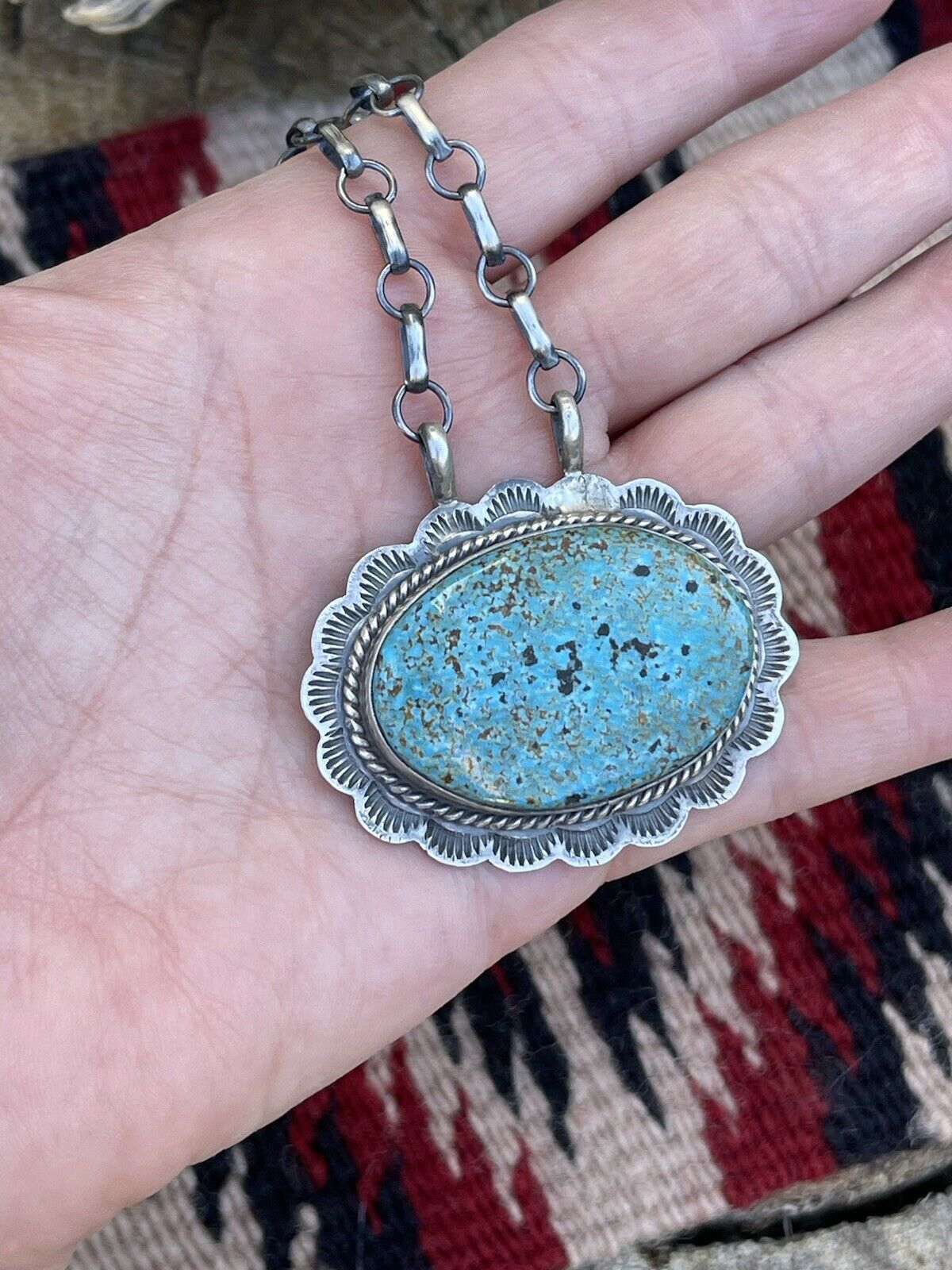 Handcrafted Sterling Silver & Royston Turquoise Stone Southwest Necklace Signed