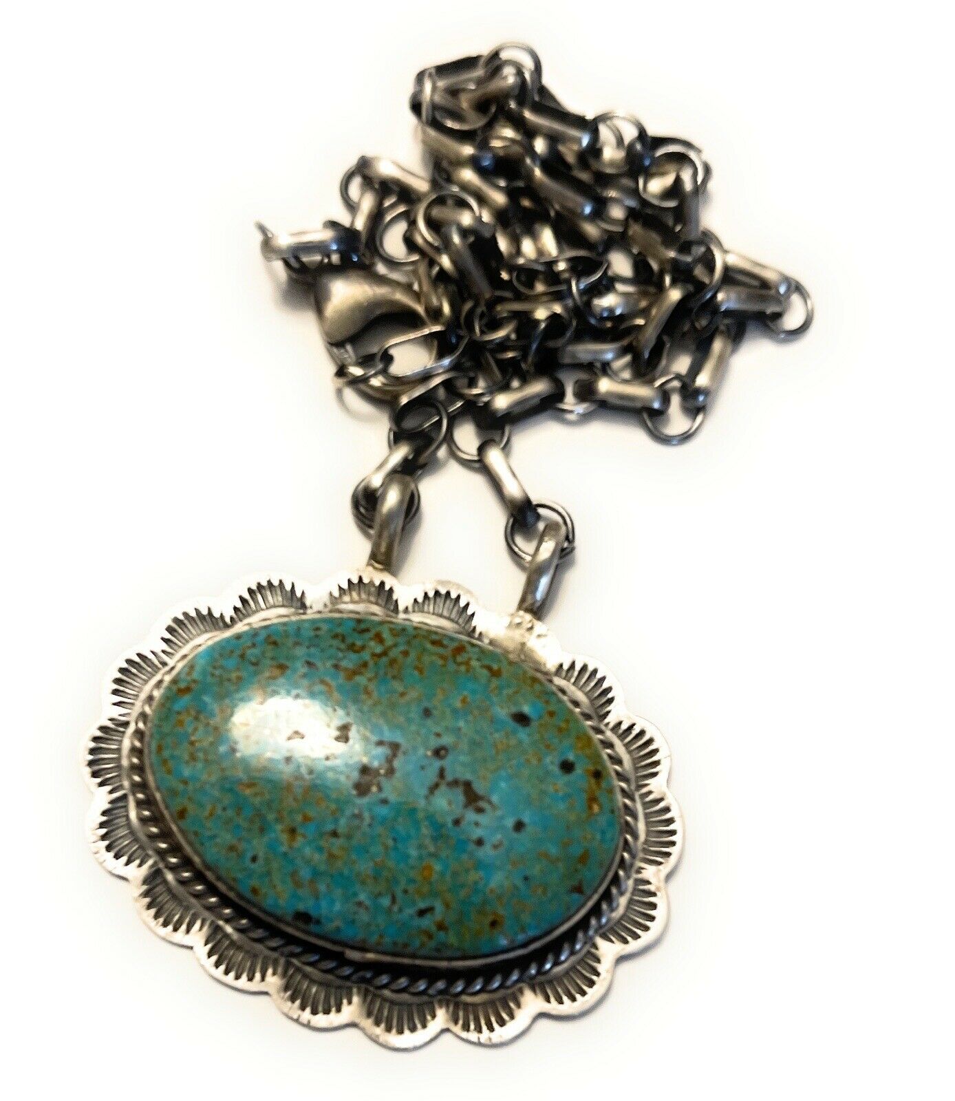 Handcrafted Sterling Silver & Royston Turquoise Stone Southwest Necklace Signed