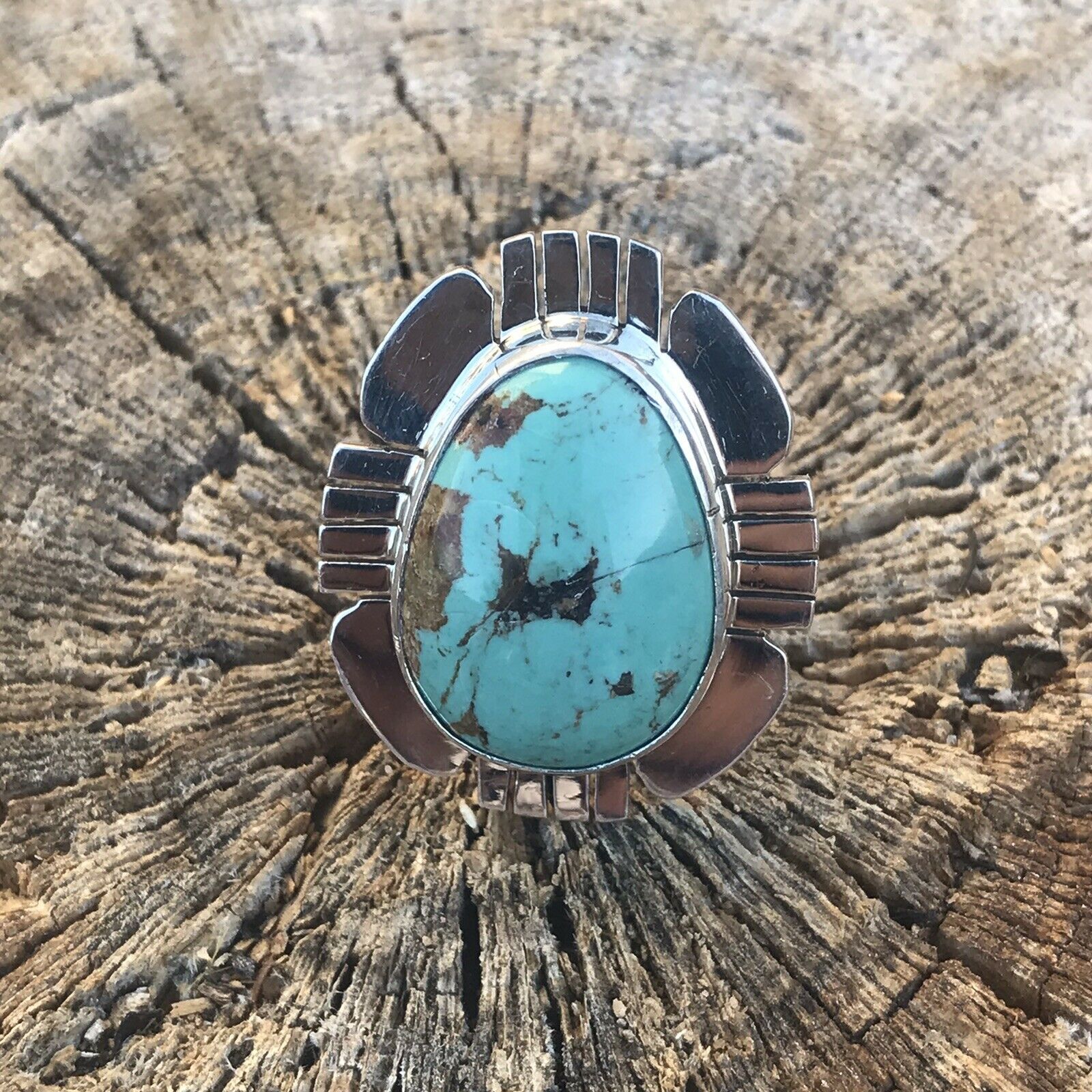 Handcrafted Royston Turquoise & Sterling Silver Ring Size 8 Stamped Sterling