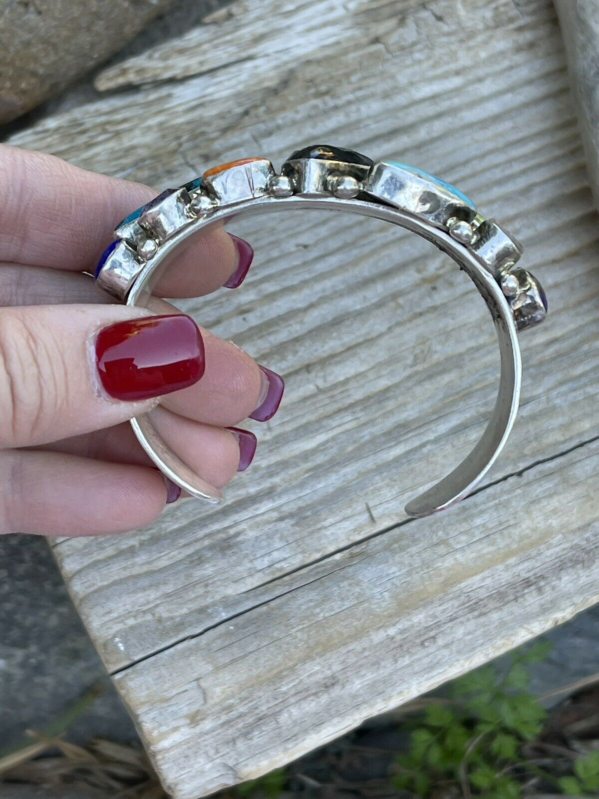 Handcrafted Multi Stone & Gem Sterling Silver Cuff Bracelet Signed