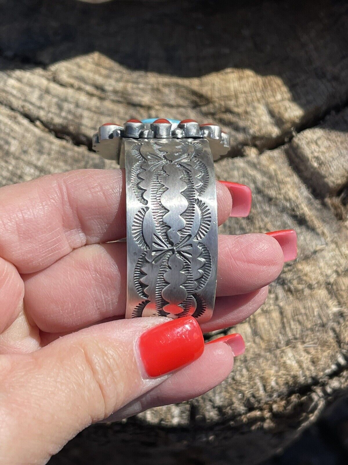 Navajo Sterling Kingman Web Turquoise & Red Coral Taos Bracelet Cuff by Bobby Johnson /