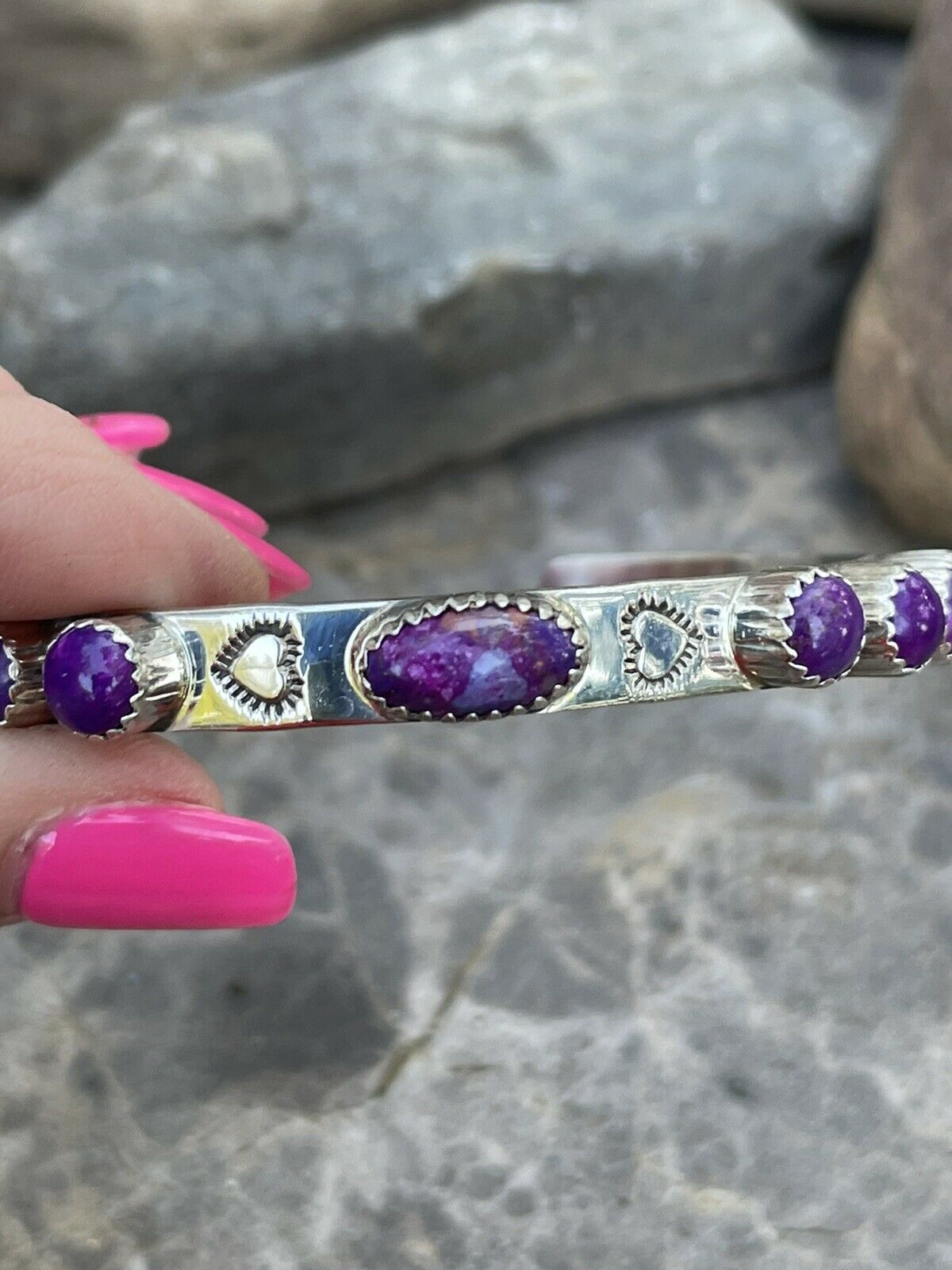 Handcrafted Purple Spiny Sterling Silver Heart Cuff Bracelet Stamped G. Boyd