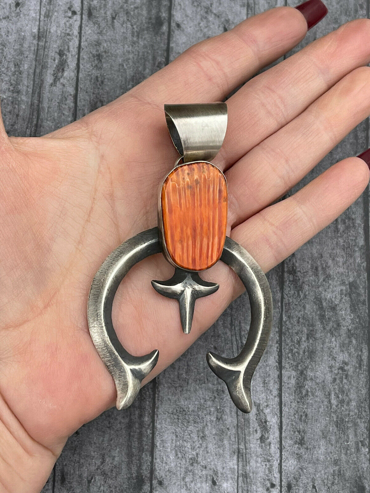 Handcrafted Chimney Butte Orange Spiny & Sterling Silver Naja Pendant Signed
