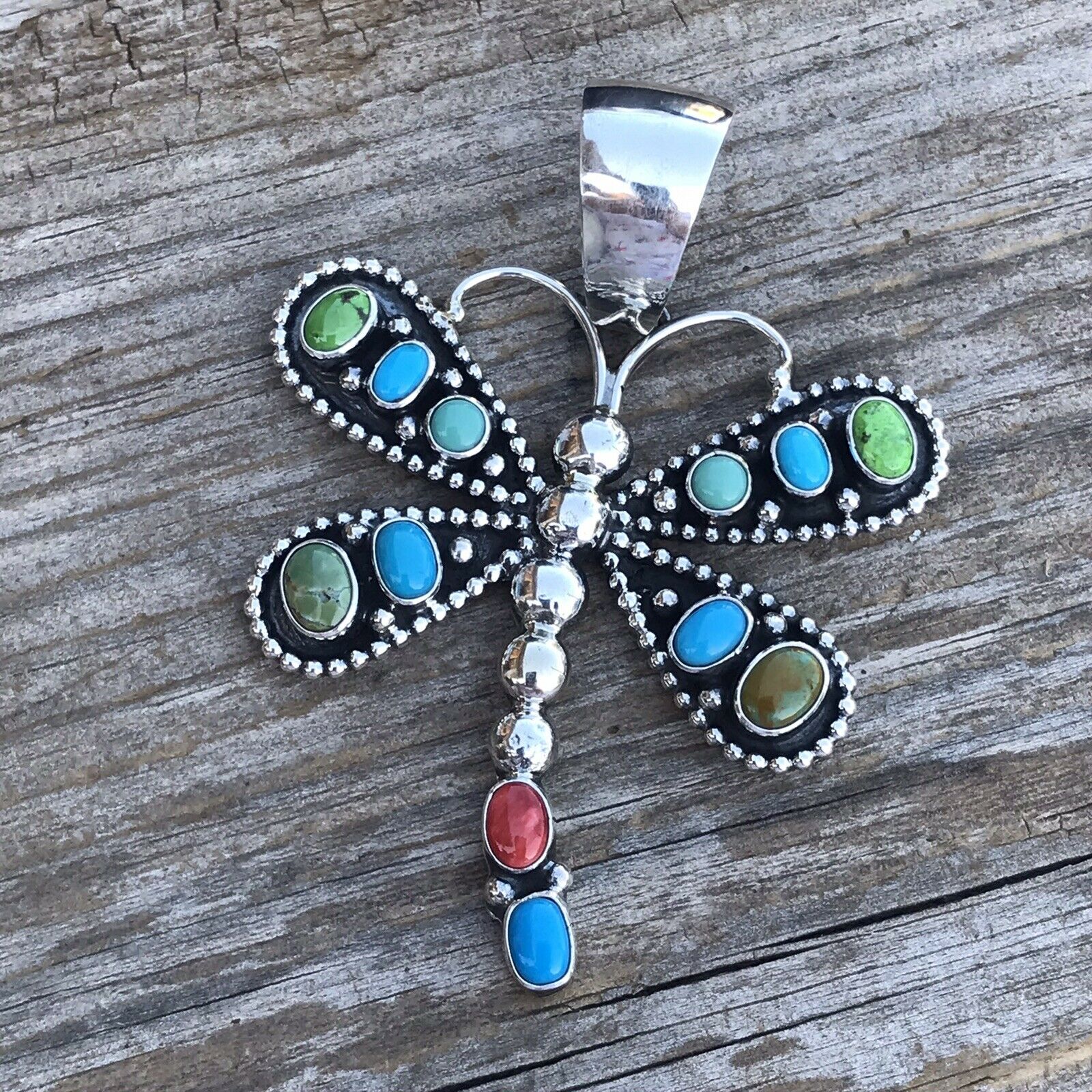 Beautiful Navajo Sterling Silver Multi Stone Dragonfly Pendant Paul Livingston
