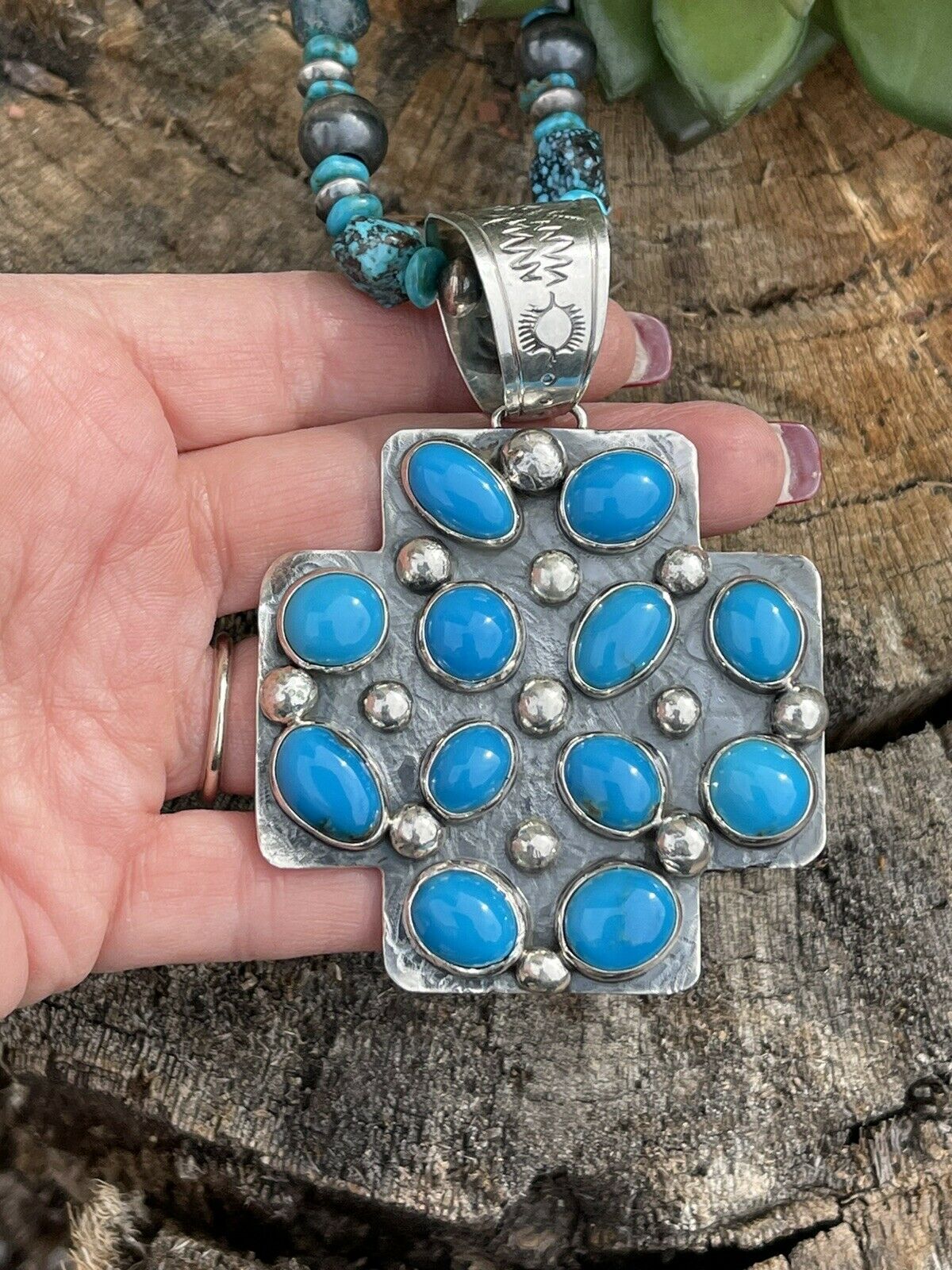 Handcrafted Mountain Blue Turquoise & Sterling Silver Southwest Cross Pendant Signed