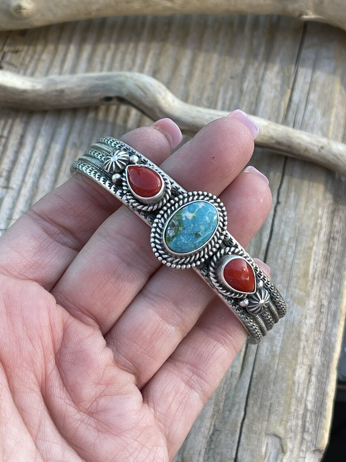 Navajo Sterling Silver Red Coral & Turquoise Bracelet Signed M & R Calladitto /