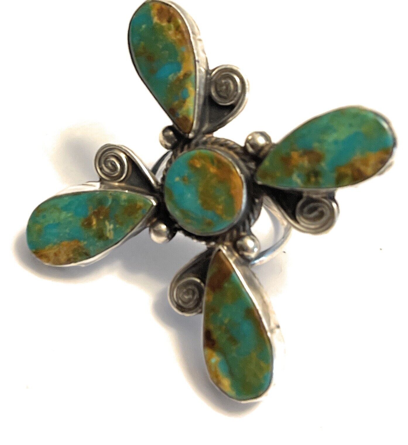 Sterling Silver & Royston Turquoise Scroll Petal Ring Size 8. Signed