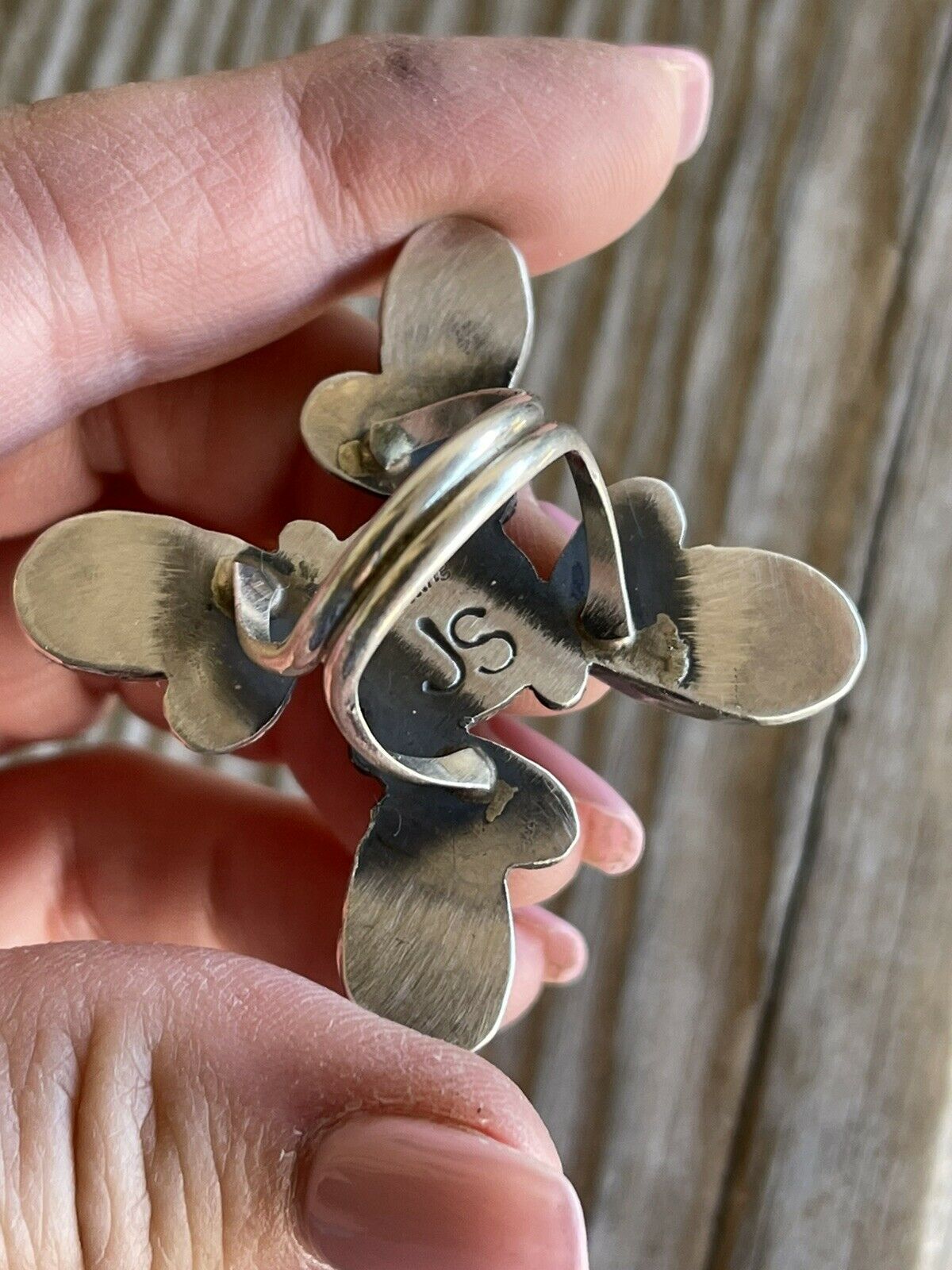 Sterling Silver & Royston Turquoise Scroll Petal Ring Size 8. Signed