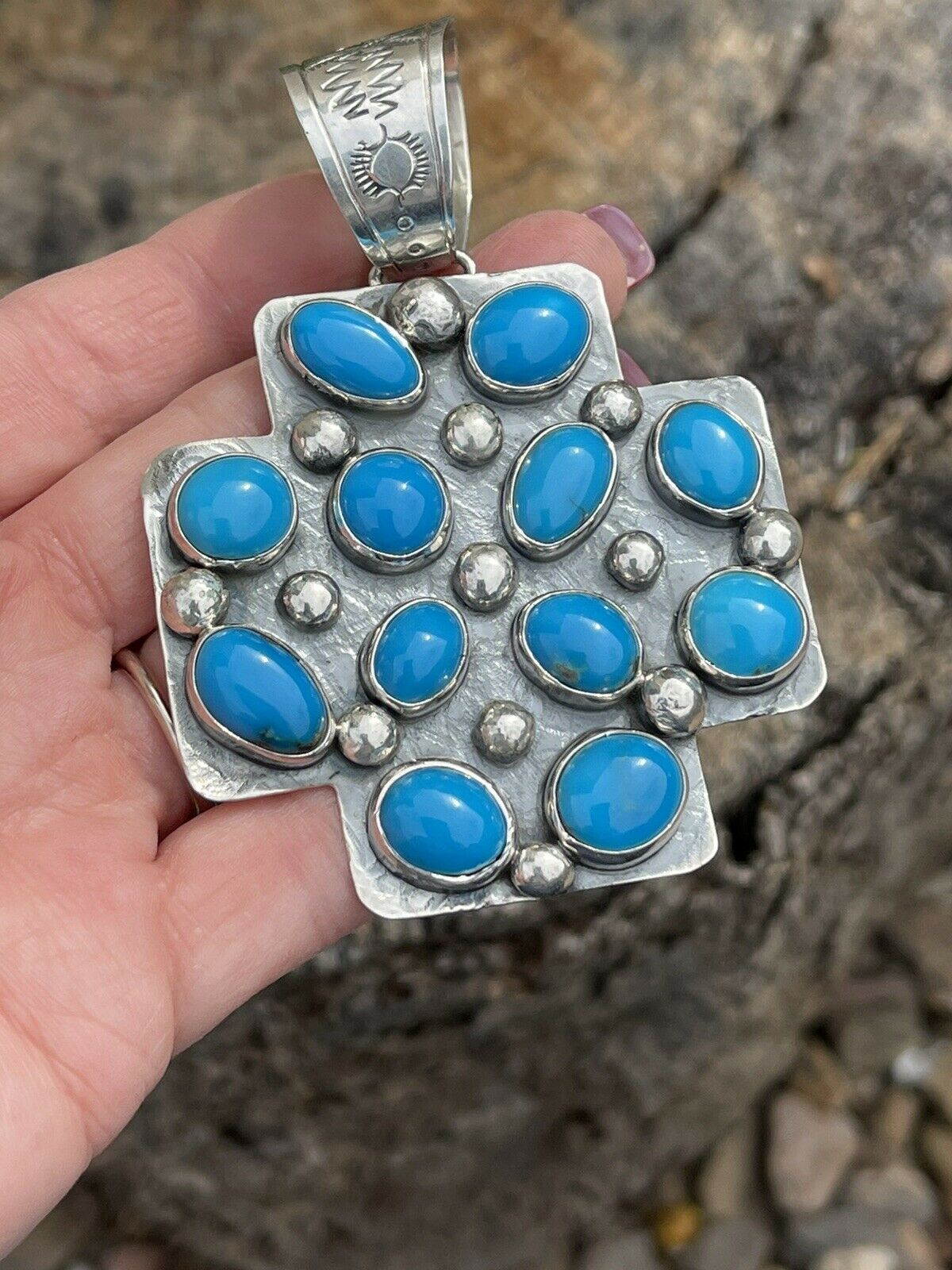 Handcrafted Mountain Blue Turquoise & Sterling Silver Southwest Cross Pendant Signed