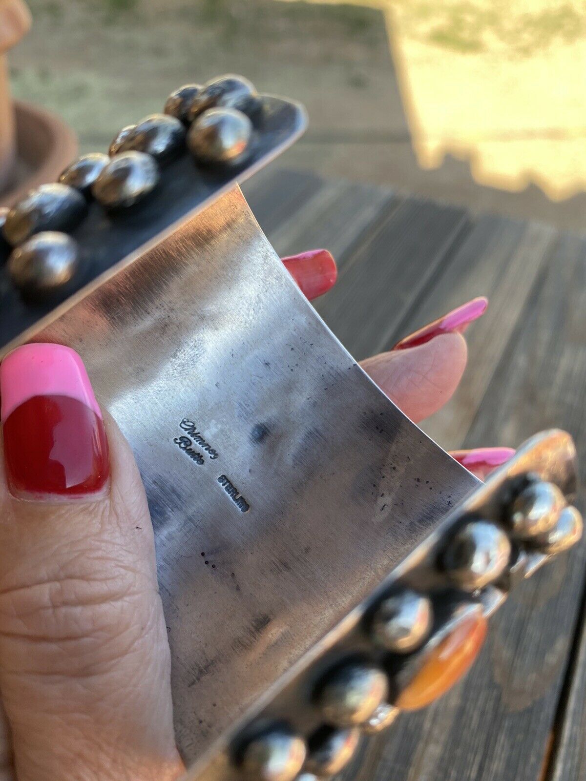 Handcrafted Sterling Silver & Orange Spiny Cross Bracelet By Chimney Butte Signed