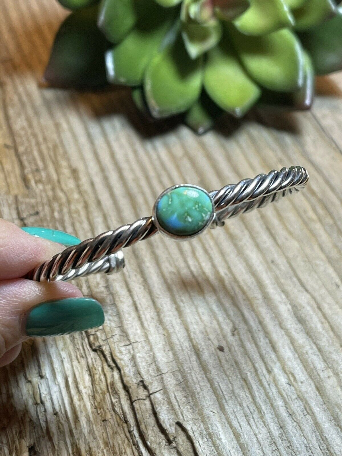 Handcrafted Sterling Silver Rope Twist Natural Turquoise Cuff Bracelet