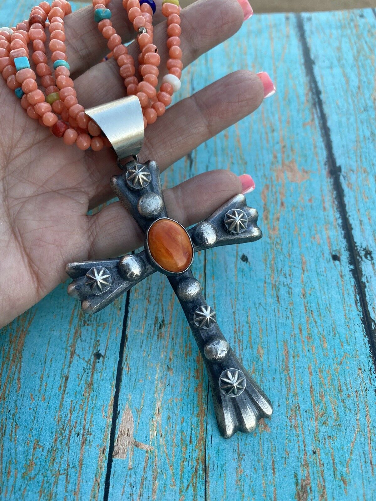 Navajo Sterling Silver & Orange Spiny Shell Cross Pendant Chimney Butte