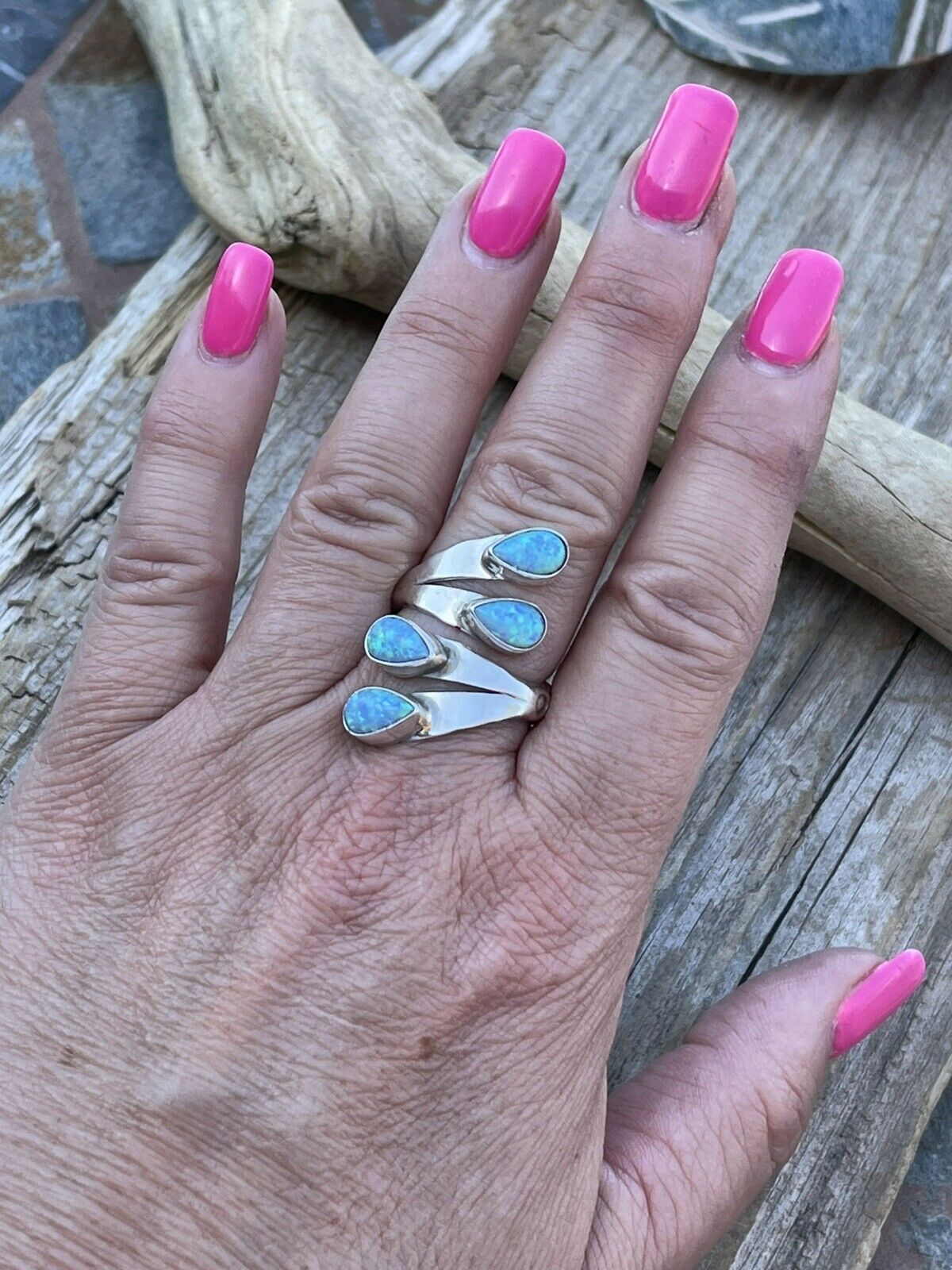 Handcrafted Sterling Silver Bright Blue Opal Adjustable 4 Stone Ring