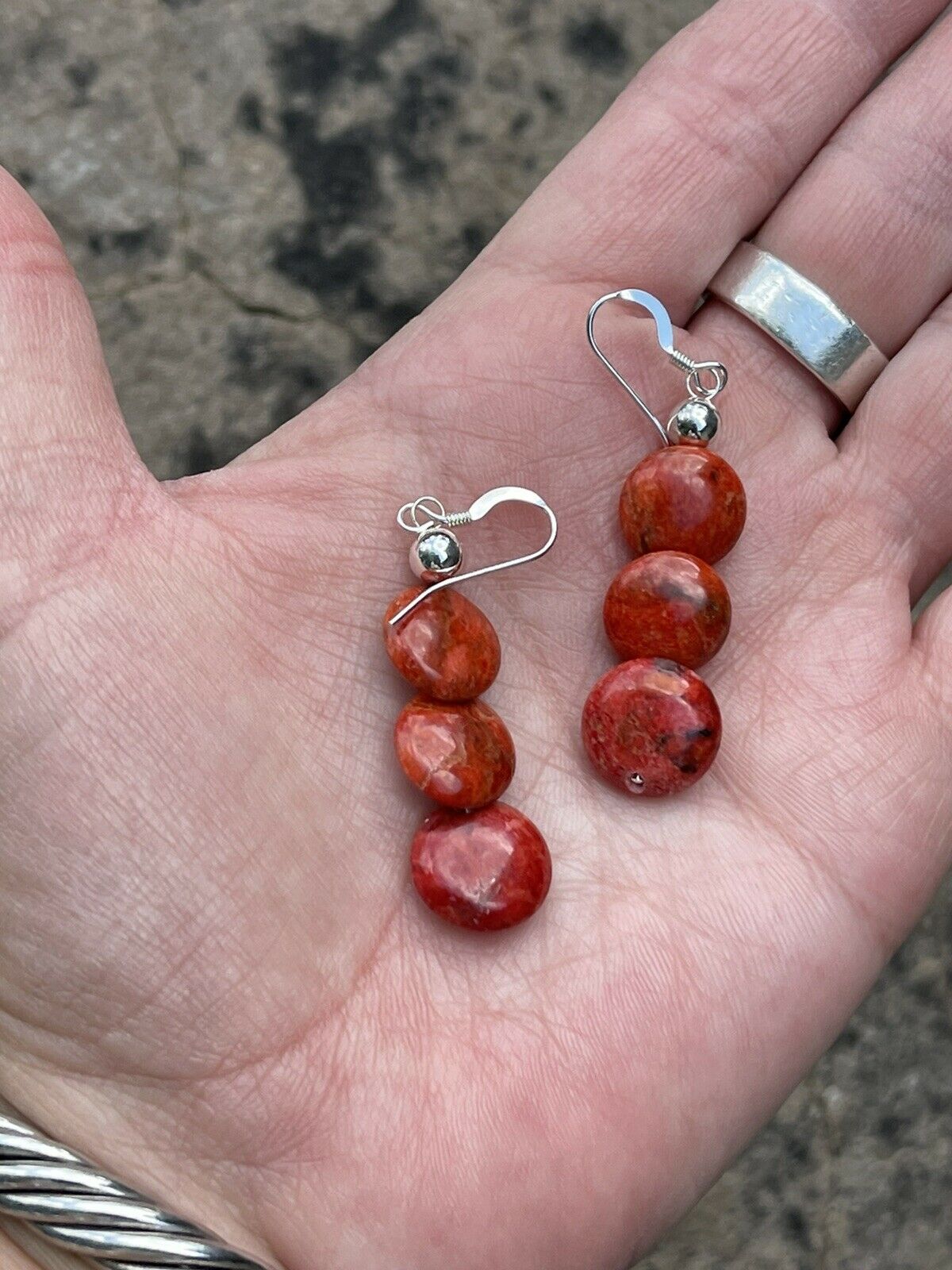 Handcrafted Sterling Silver Apple Coral 3 Bead Dangle Earrings