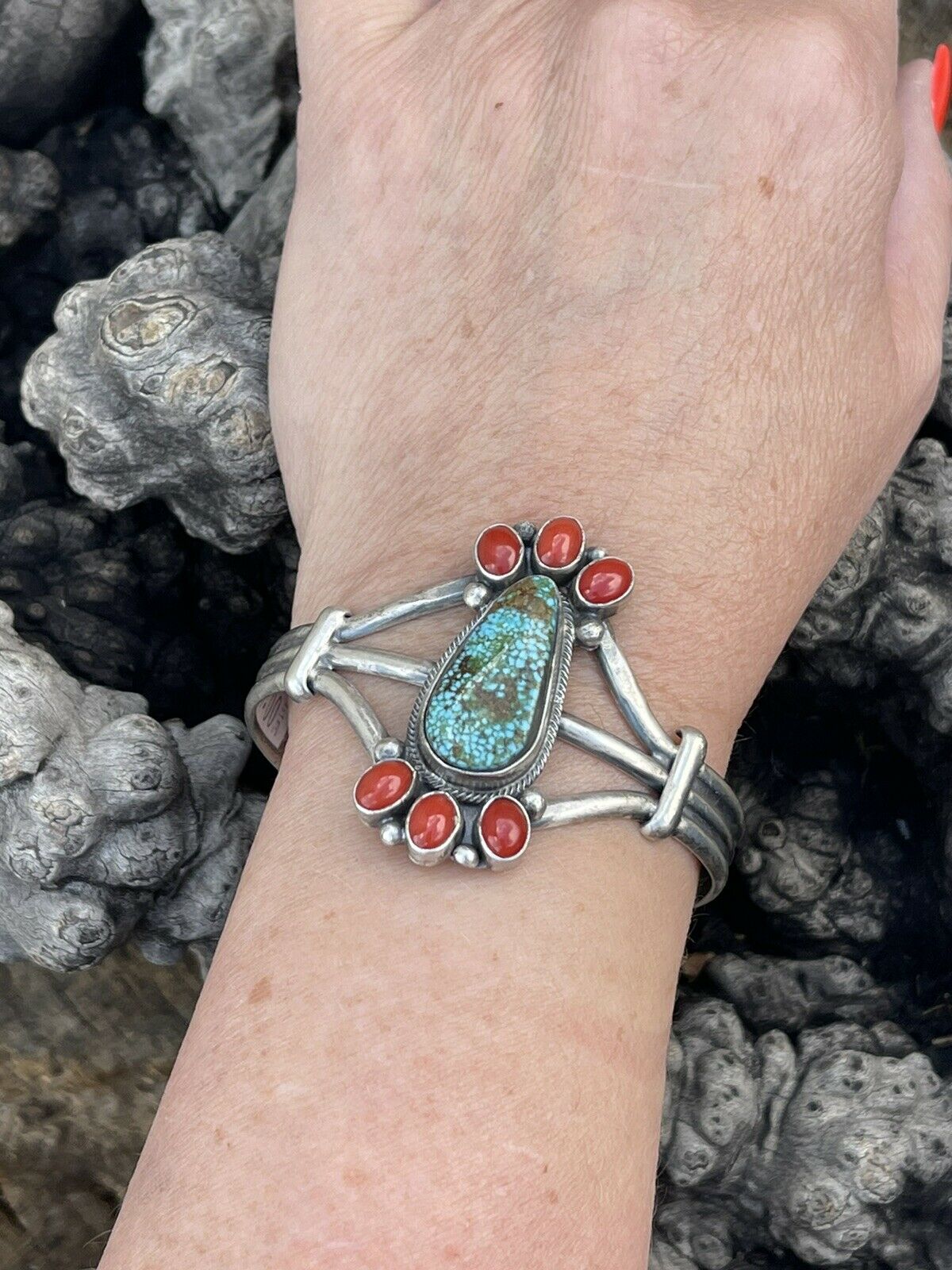 Handcrafted Sterling Silver Kingman Web Turquoise & Red Coral Taos Bracelet Cuff by Bobby Johnson /