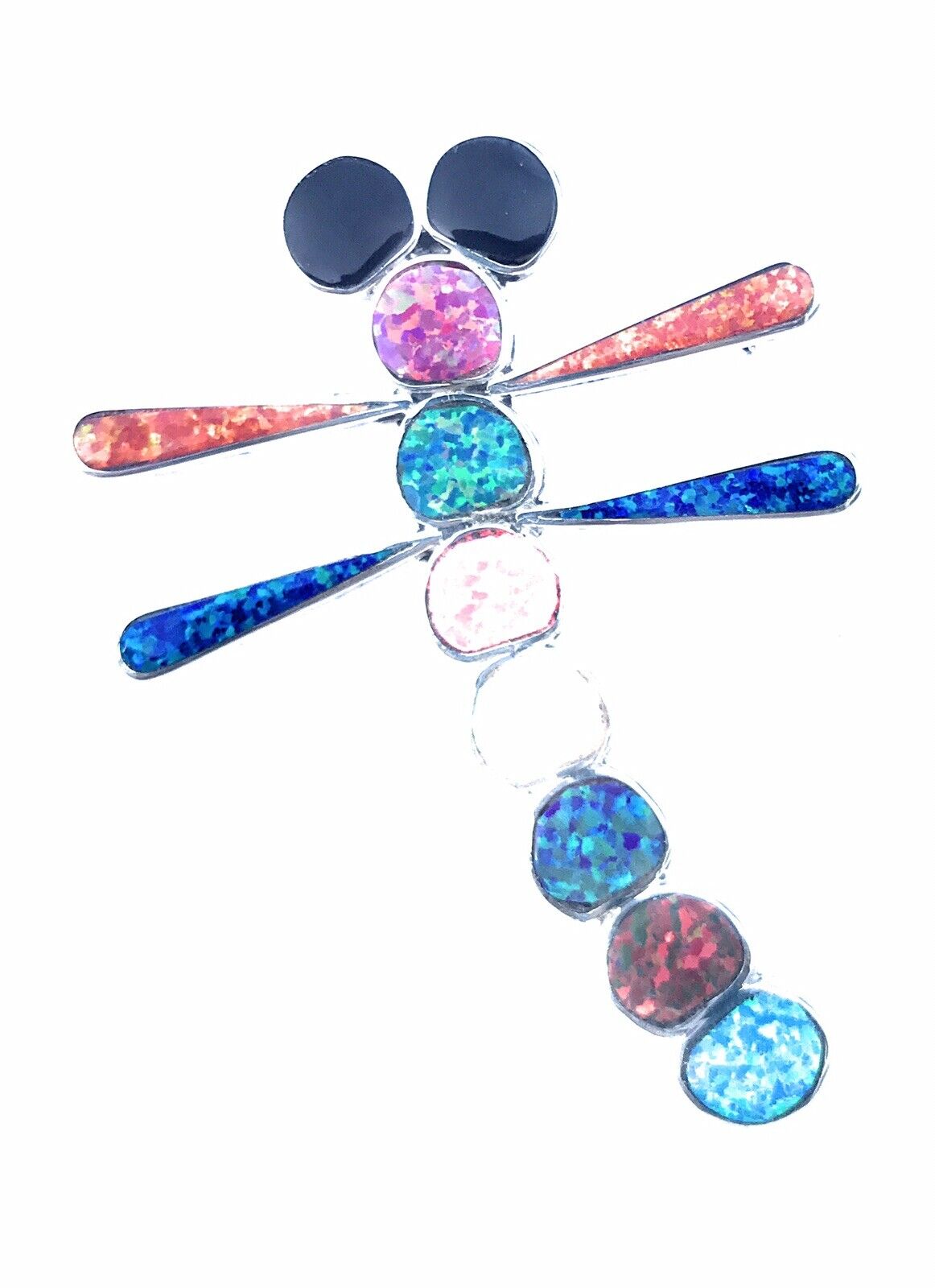 Navajo Sterling Silver & Multi Color Opal Stone Dragonfly Pendant Pin Signed