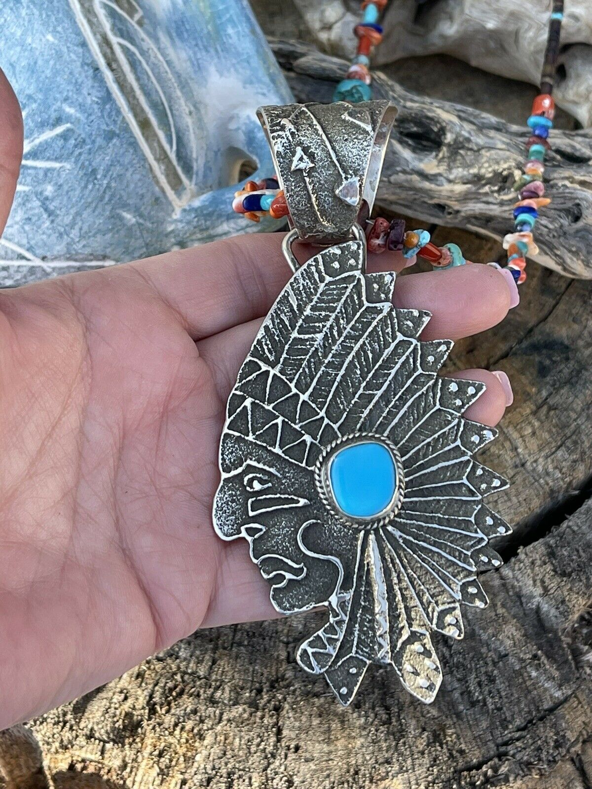 Handcrafted Sterling Silver & Kingman Turquoise Indian Chief Sand Cast Pendant Sign