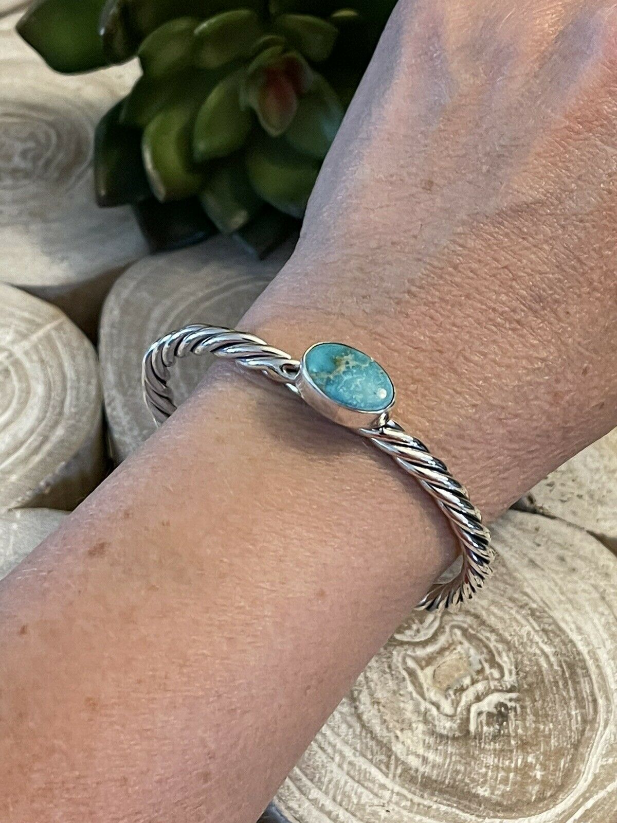 Handcrafted Sterling Sonoran Mountain Turquoise Southwest Rope Bracelet Cuff