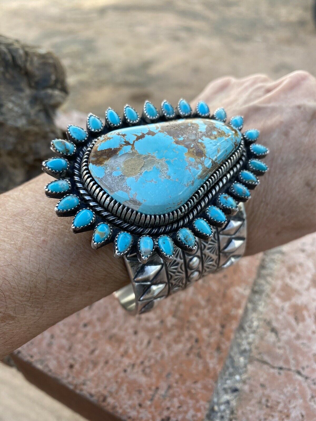 Sterling Silver & Royston Turquoise Cuff Bracelet Signed /