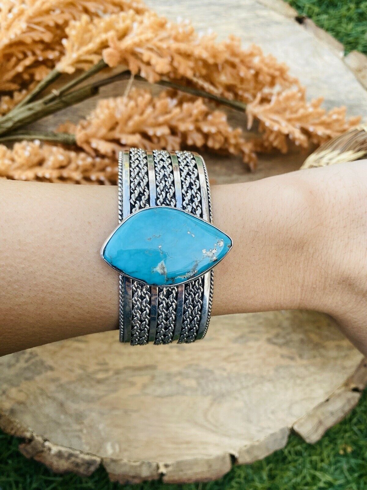 Handcrafted & Hand Stamped Sterling Silver & Royston Turquoise Cuff Bracelet Signed