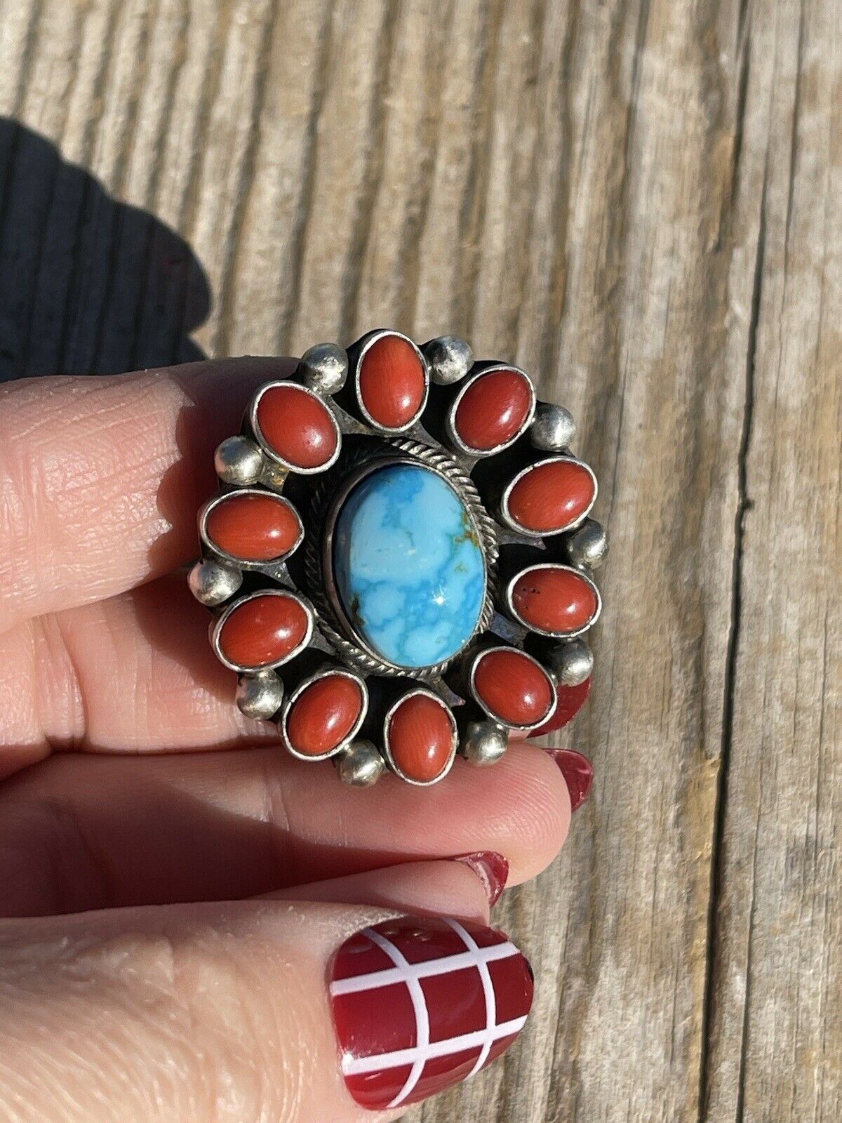 Handcrafted Sterling Silver Kingman Web Turquoise & Red Coral Taos Ring Sz 5.5